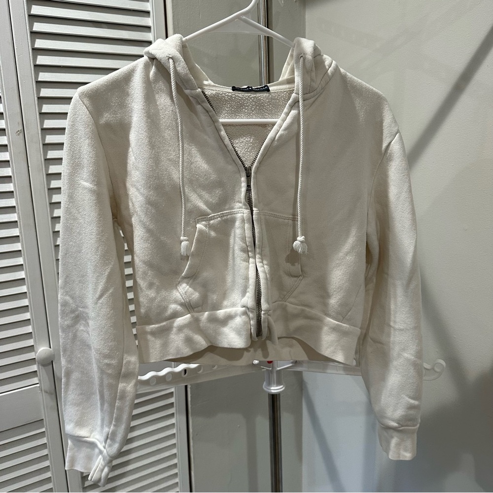 Brandy Melville Cropped Zip-Up Crystal Hoodie White